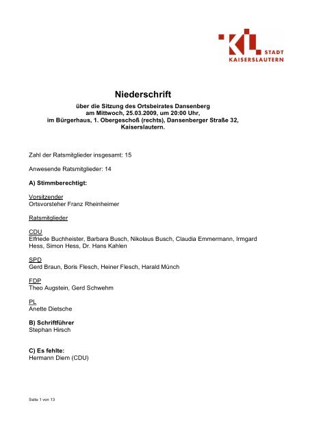 Niederschrift - Stadt Kaiserslautern