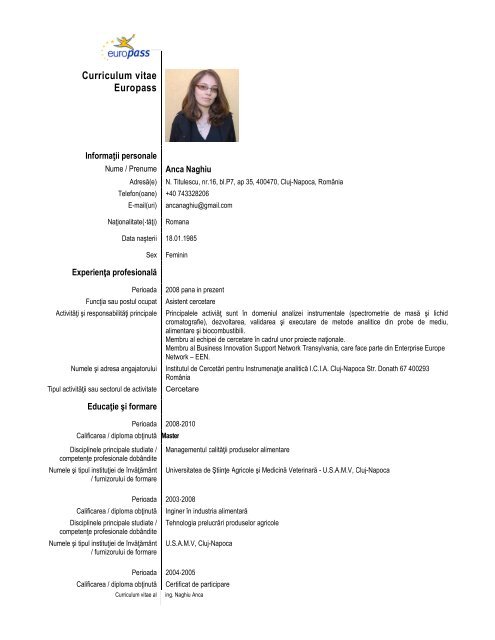 Curriculum vitae Europass - USAMV Cluj-Napoca