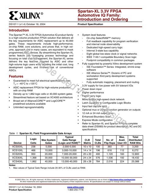 Spartan-XL 3.3V FPGA Automotive Family: Introduction and ... - Xilinx