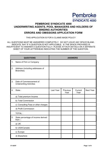 Underwriting Agents Proposal Form - Pembroke Managing Agency