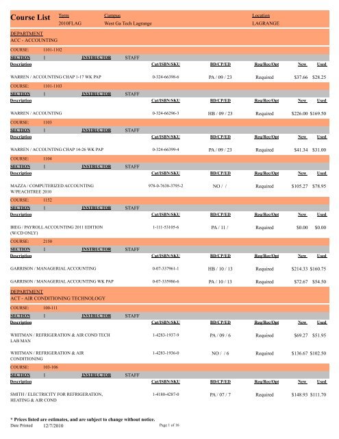Course List West Georgia Technical College