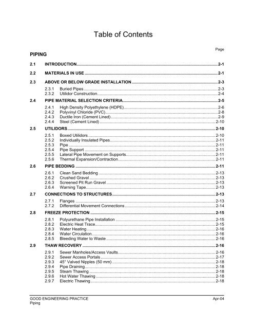 Good Engineering Practice for Northern Water and Sewer Systems