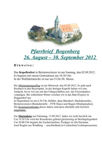 Pfarrbrief Bogenberg 26. August â€“ 30. September 2012