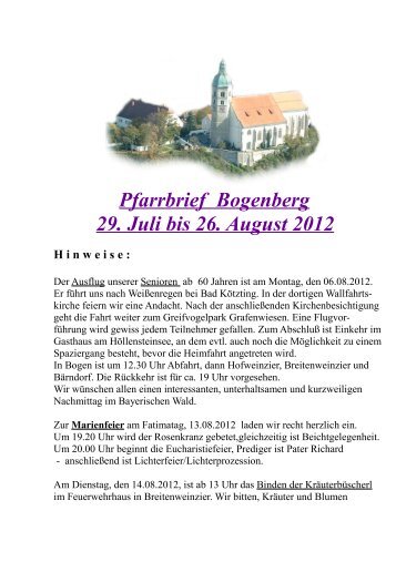 Pfarrbrief Bogenberg 29. Juli bis 26. August 2012
