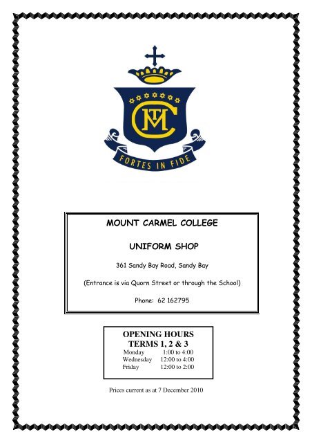 mount carmel college uniform shop opening hours terms 1, 2 & 3