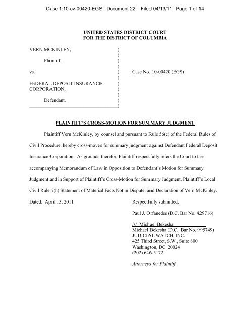Plaintiff's Opposition and Cross-Motion for Summary ... - Judicial Watch