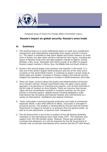 Russia's impact on global security: Russia's arms trade ... - Saferworld