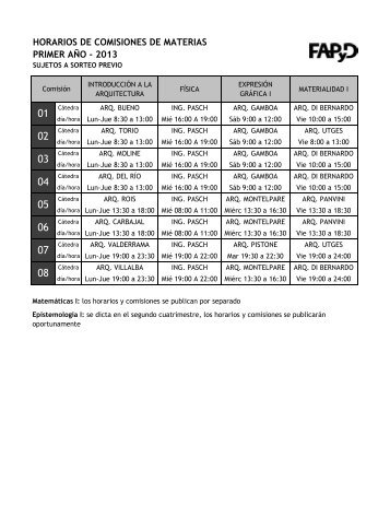 HORARIOS DE COMISIONES DE MATERIAS PRIMER AÑO - 2013