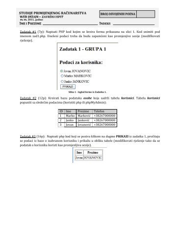 Zadatak #1 (7p): Napisati PHP kod kojim se kreira forma prikazana ...