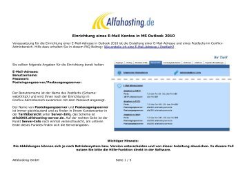 Einrichtung eines E-Mail Kontos in MS Outlook 2010 - Alfahosting