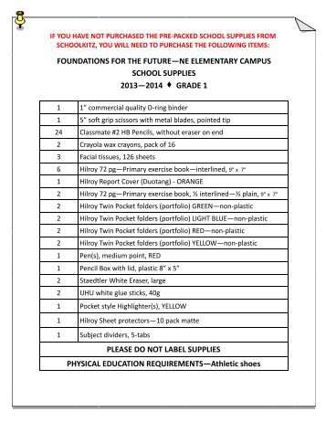 Grade 1 - 4 Supply List - FFCA Campuses