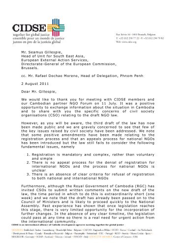 Letter on NGO Law from CIDSE agency to EU Delegation in Cambodia