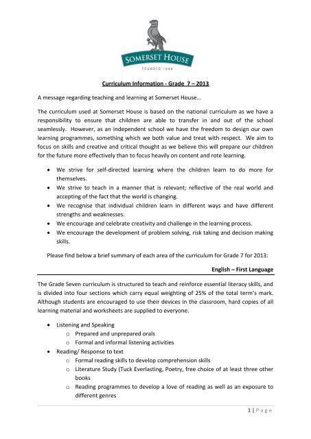 curriculum information grade 7 a 2013 a somerset house