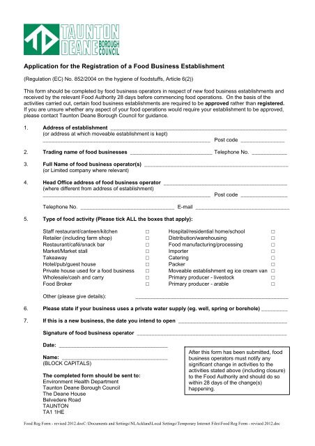 Food premises registration form - Taunton Deane Borough Council