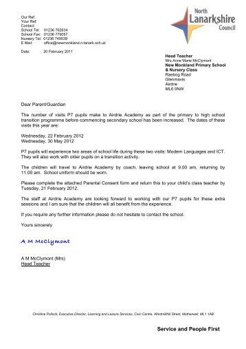 Letter re. Transition Dates at Airdrie Academy - Newarthill Primary ...