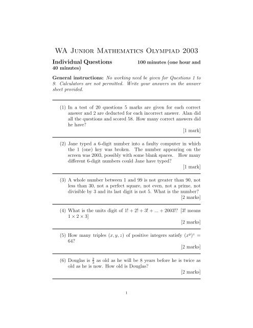 WA Junior Mathematics Olympiad 2003