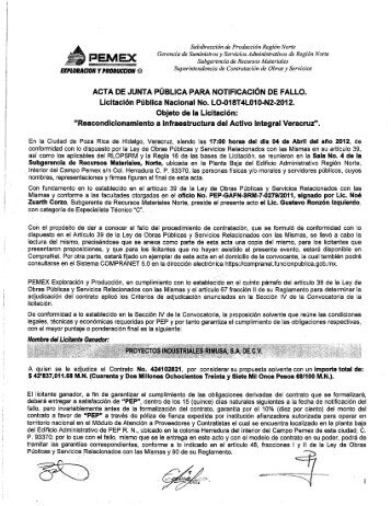 acta de junta pÃºblica para notificaciÃ³n de fallo. - PEMEX ...