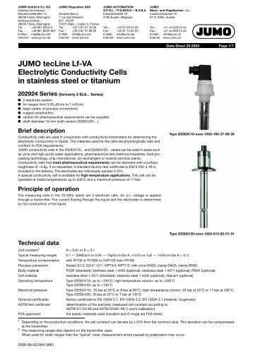 JUMO tecLine Lf-VA Electrolytic Conductivity Cells in stainless steel ...