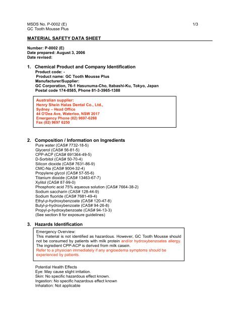 Material Safety DAta Sheet GC Tooth Mousse Plus