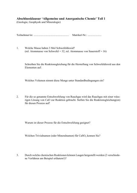 Abschlussklausur 'Allgemeine und Anorganische Chemie' Teil 1