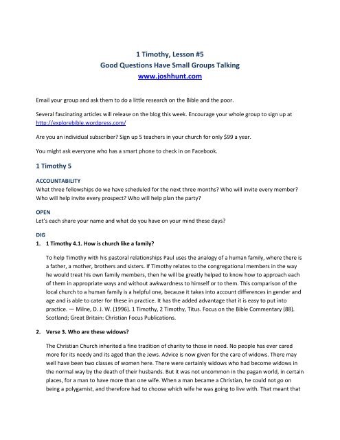 1 Timothy, Lesson #5 Good Questions Have Small Groups Talking ...