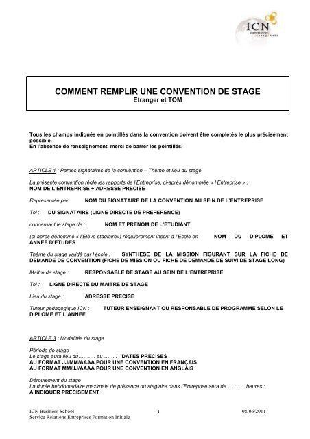 Notice pour remplir une convention de stage Etranger ... - ICNContact