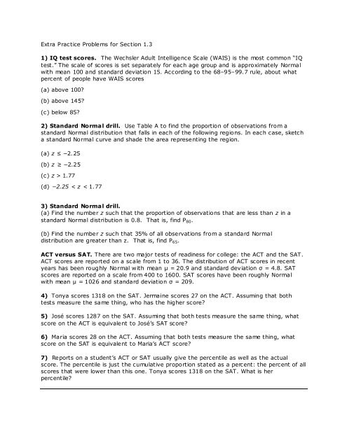 Extra Practice Problems For Section 1 3 1 Iq Test Scores