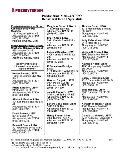 Presbyterian MediCare PPO 2007 Practitioner and Provider Directory