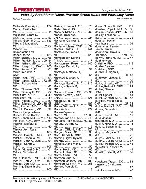 Presbyterian MediCare PPO 2007 Practitioner and Provider Directory