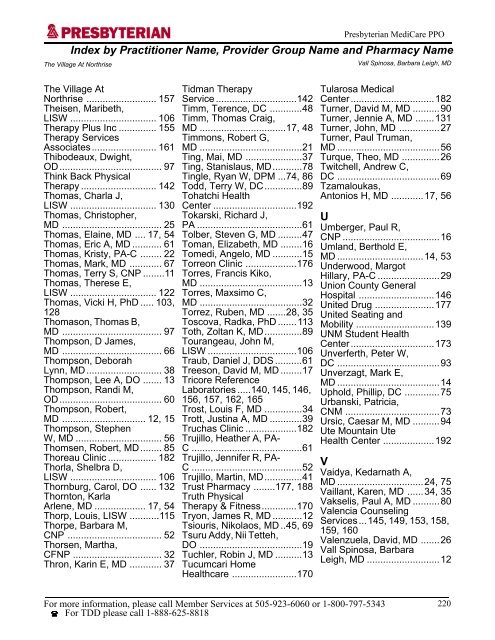 Presbyterian MediCare PPO 2007 Practitioner and Provider Directory