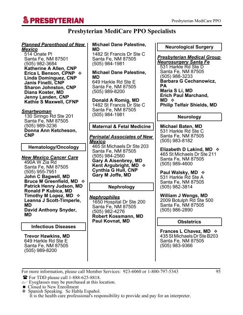 Presbyterian MediCare PPO 2007 Practitioner and Provider Directory