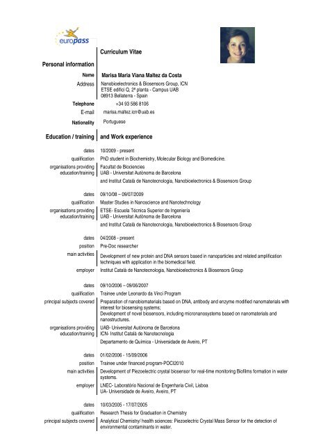 Curriculum Vitae Personal information Education / training and ... - Icn