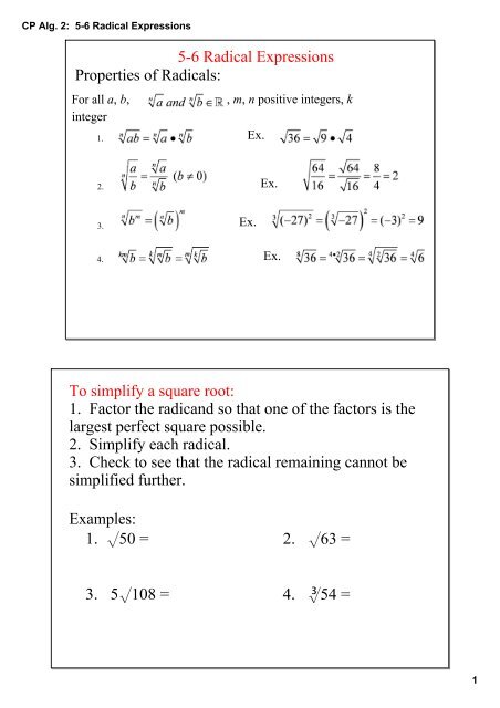 Cp Alg 2 5 6 Radical Expressions