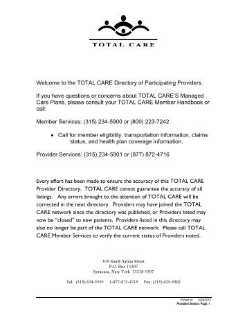 Welcome to the TOTAL CARE Directory of Participating Providers. If ...
