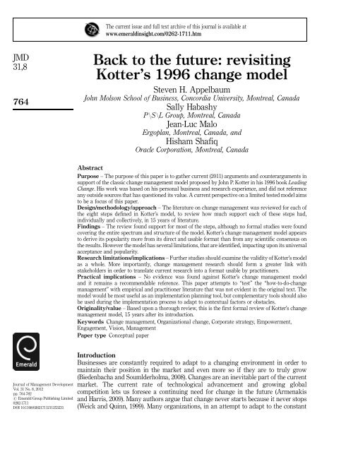 Back to the future: revisiting Kotter's - Dr. Steven H. Appelbaum ...