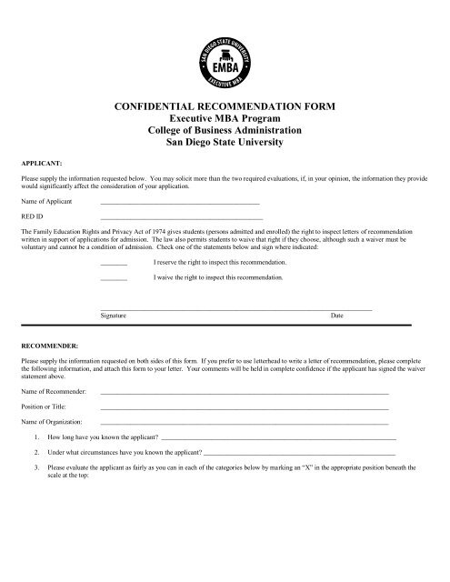 EMBA Confidential Recommendation Form (pdf) - The College of ...