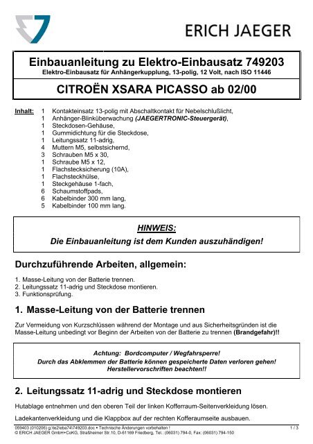 Einbauanleitung Zu Elektro Einbausatz 749203 Citroen Xsara