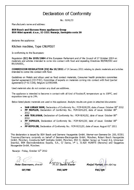 Declaration Of Conformity Siemens Home Appliances