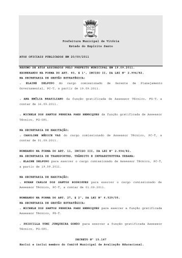 Atos Oficiais publicados em 20/09/2011 - Prefeitura de VitÃ³ria