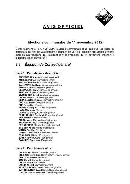 Listes et candidats pour l'Ã©lection de 11 novembre - Sierre