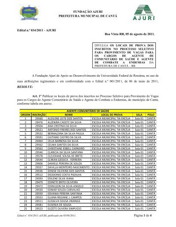 Edital NÂº 034-2011: AlocaÃ§Ã£o - CantÃ¡ - FundaÃ§Ã£o Ajuri