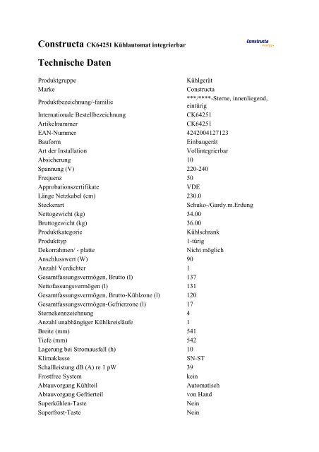 Technische Daten Constructa CK 64251 - VS Elektro