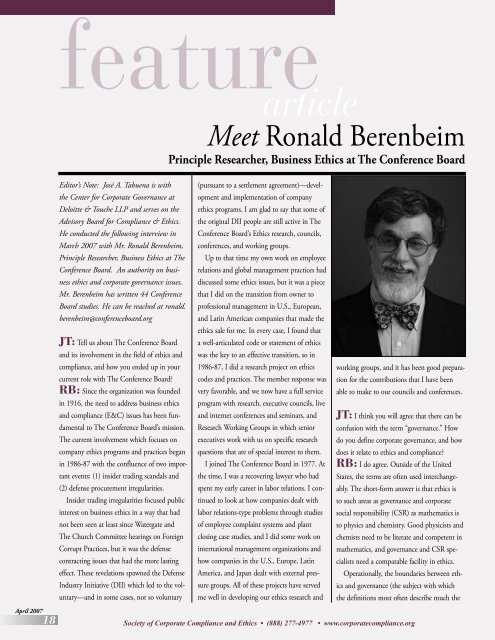 Meet Ronald Berenbeim - Society of Corporate Compliance and Ethics