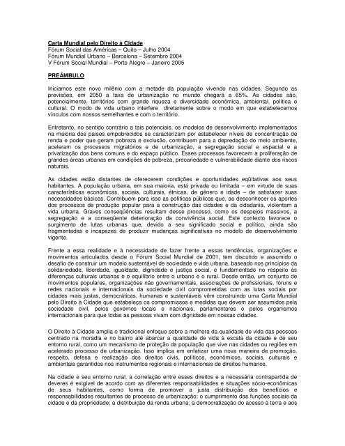 Carta Mundial pelo Direito Ã  Cidade FÃ³rum Social das AmÃ©ricas ...