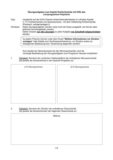 Ãbungsaufgaben Kohlenhydrate - Biologie Lernprogramme