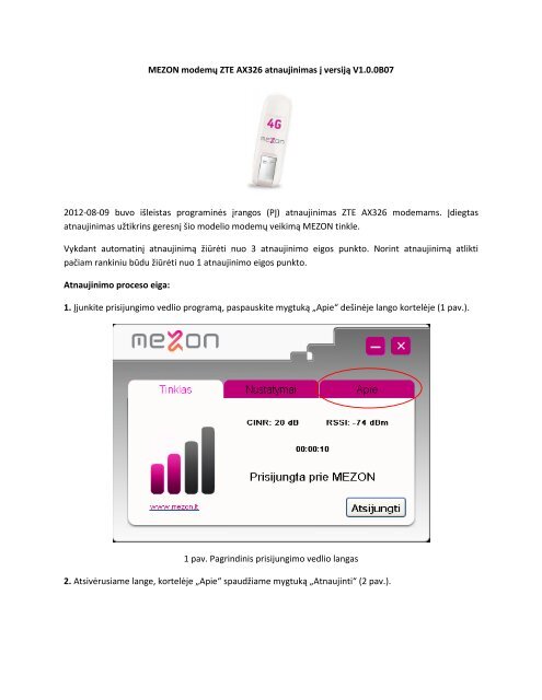 MEZON modemÃ…Â³ ZTE AX326 atnaujinimas Ã„Â¯ versijÃ„Â… V1.0.0B07 2012 ...