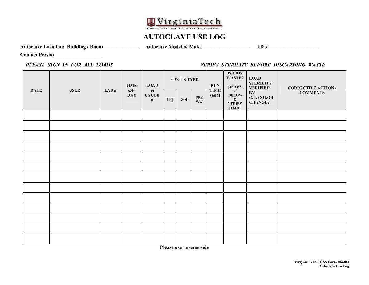 Autoclave Use Log (pdf) - Virginia Tech