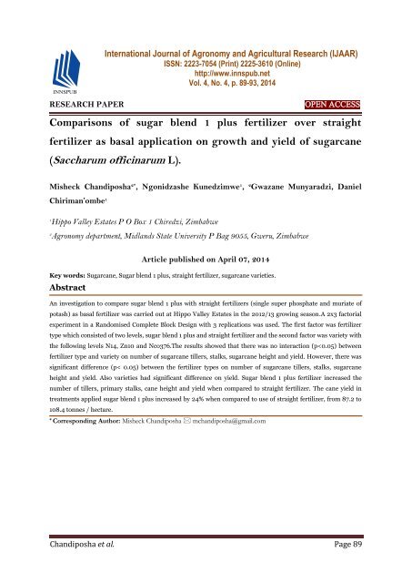Comparisons of sugar blend 1 plus fertilizer over straight fertilizer as basal application on growth and yield of sugarcane (Saccharum officinarum L).