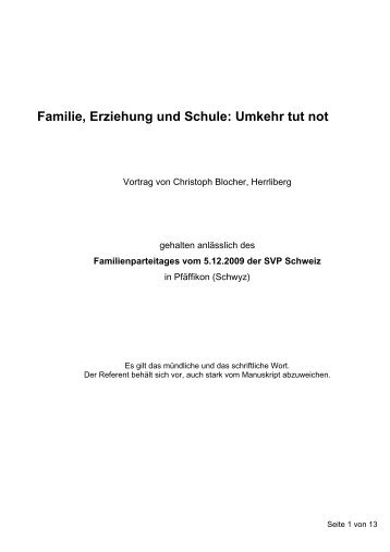 Familie, Erziehung und Schule: Umkehr tut not - Christoph Blocher