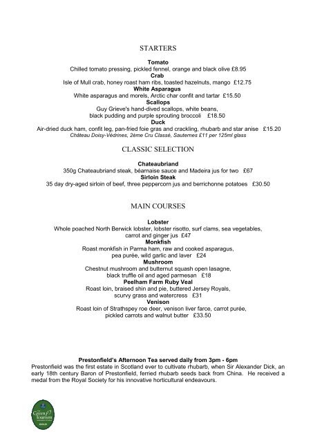 A La Carte Menu - Edinburgh Menus